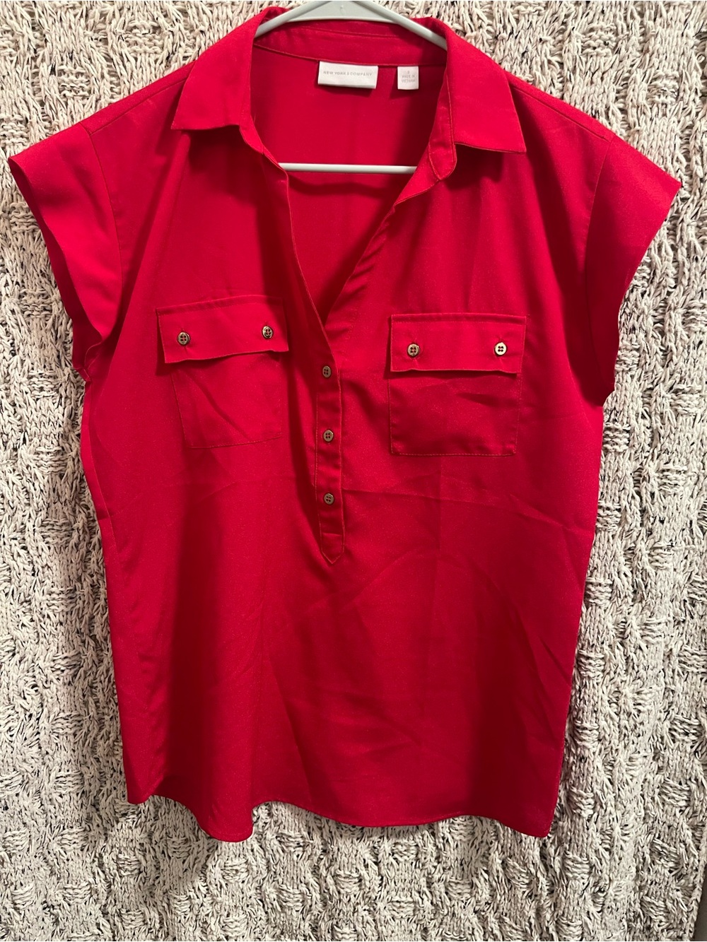 New York & Company Red Split-Neck Cap-Sleeve Blouse